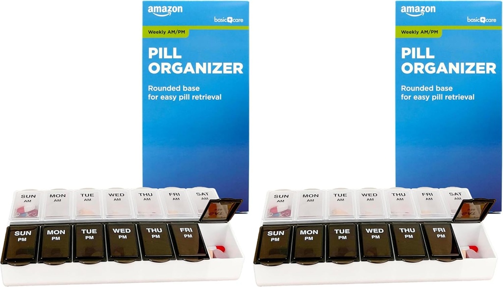 Basic Care (7-Dag) AM/PM Pillen Organisator, Vitamine Case, en Medicine Box, Grote Compartementen, 2 keer per dag, Zwarte en Clear Lids (pakket van 2)