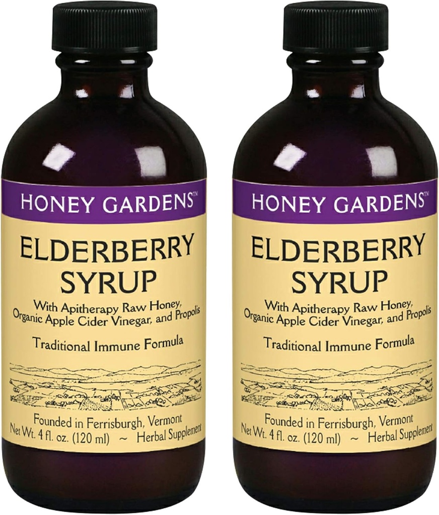 Honing Tuinen Vlierbessen Siroop met Grade A Raw Honing, Propolis, Biologische ACV & Vlierbessen, Traditionele Immune Formule w/Echinacea Made in The USA (4oz, 2pk)