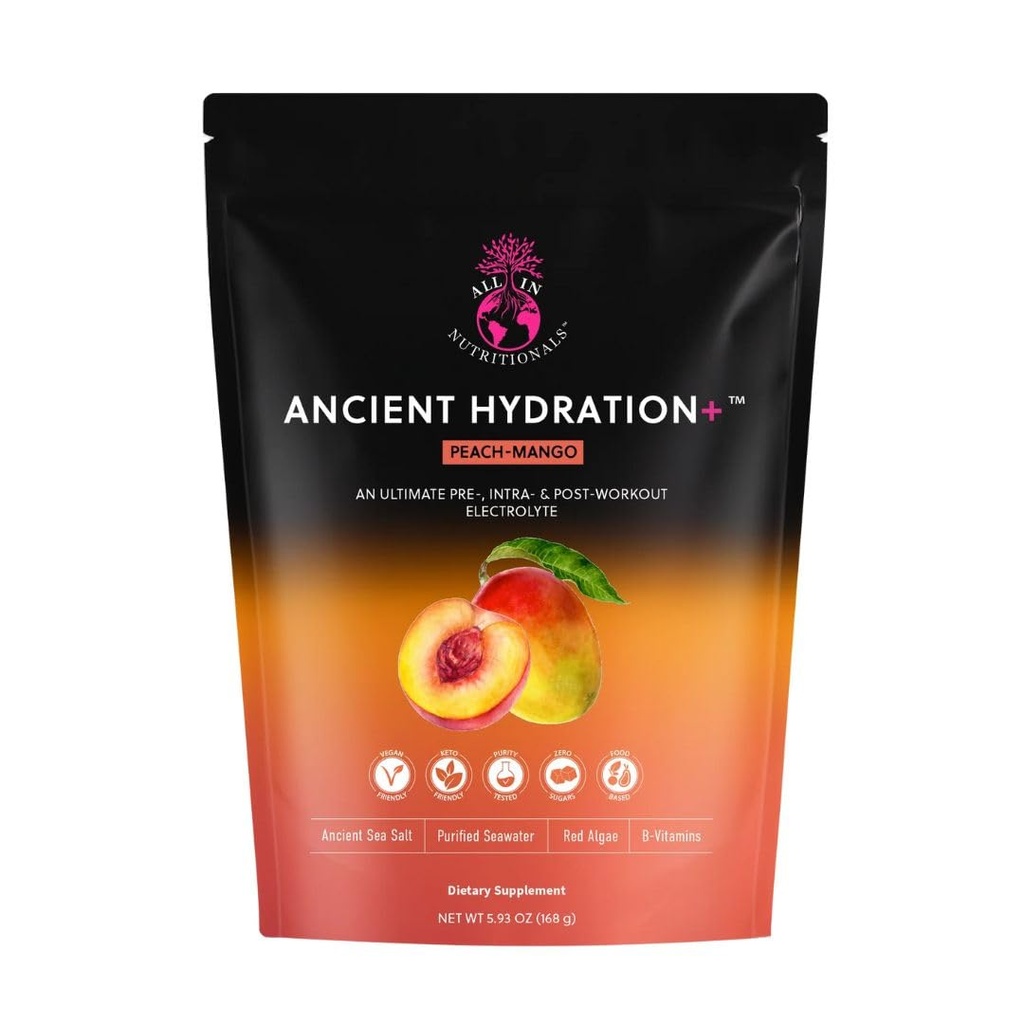 Ancient Hydration Plus™ – Electrolytes Designed for Fasting Support | Clean, Food-Based Formula with Coconut Water, Sea Minerals & B-Vitamins | Sugar-Free Hydration Supplement (Peach-Mango)