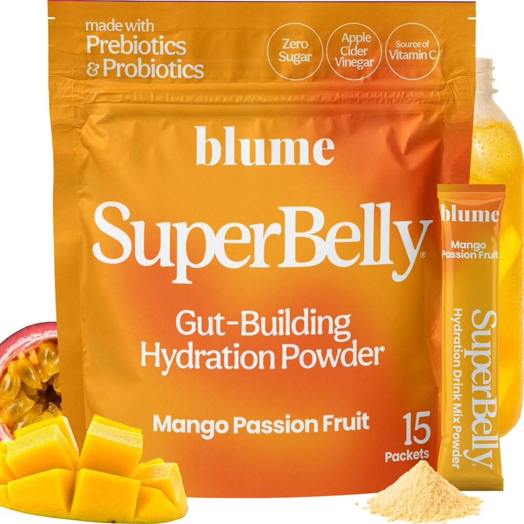 Blume SuperBelly Gut Health + Hydration, Daily Sugar Free Probiotics, Prebiotic Fiber, and Electrolytes Powder Packets for Digestion Support, Stacked Water, Mango Passionfruit, 15 Sticks