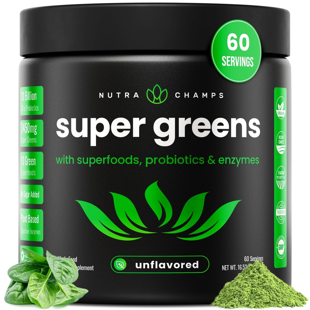 NutraChamps Super Greens Powder Premium Superfood | 20+ Organic Green Veggie Whole Foods | Alfalfa, Spirulina, Chlorella & More | Antioxidant, Digestive Enzyme & Probiotic Blends | Unflavored | 60 SVG