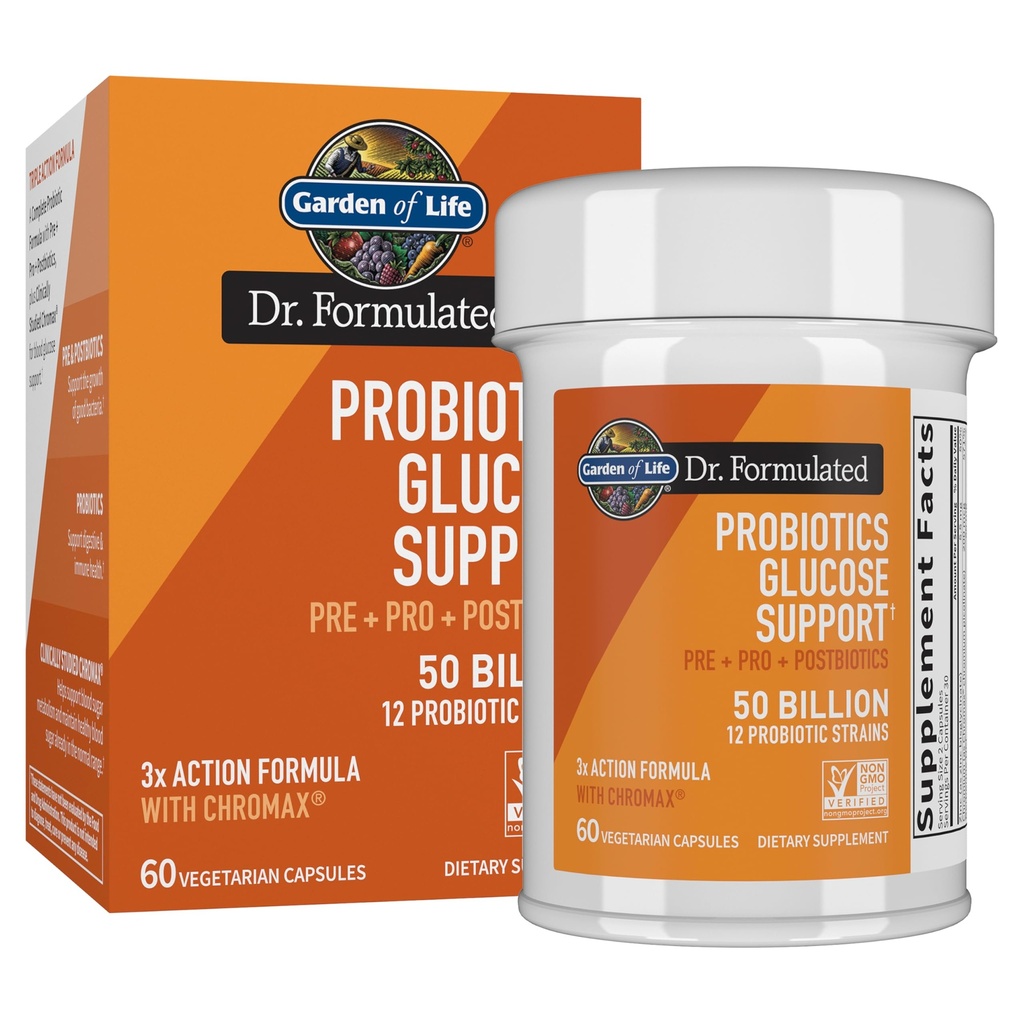 Garden of Life Dr. Formulated Glucose Support Probiotics with Chromax and Pre, Pro & Postbiotics – Digestive Health, Immune Health, Non-GMO, Gluten-Free, 60 Vegetarian Capsules
