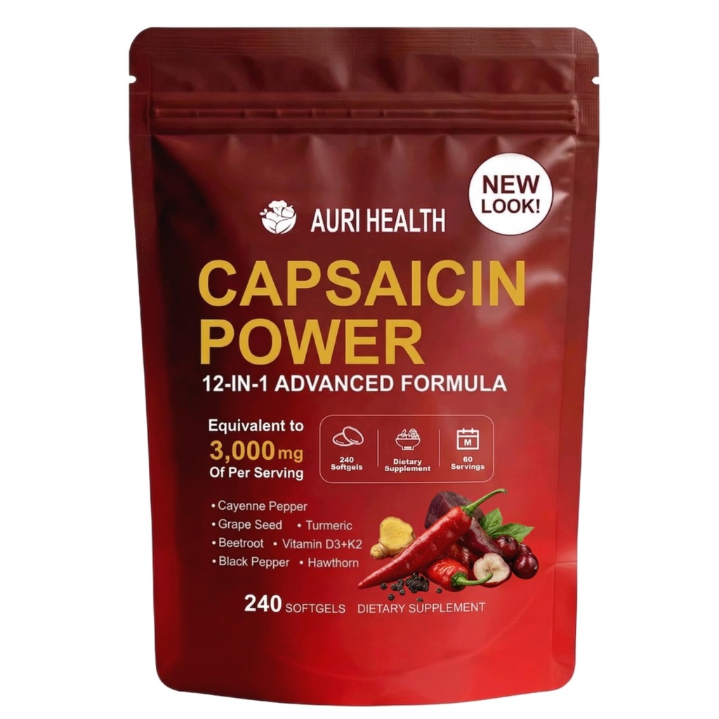 Capsaicin Softgels Cayenne Pepper Capsules, Cayenne Pepper Softgels, with Vitamin E, D3+K2, Grape Seed, Hawthorn, Beet Root & Berberine Extracts 240 softgels