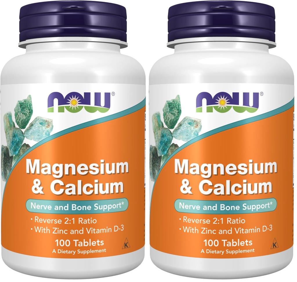 NOW Supplements, Magnesium & Calcium, with Zinc and Vitamin D-3, Nerve and Bone Support*, 100 Tablets (Pack of 2)