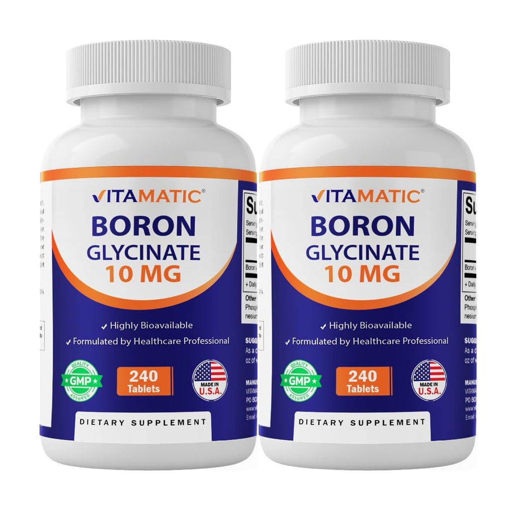 Vitamatic Chelated Boron (as Glycinate) 10mg 240 Tablets - Supports Hormone Balance, Bone Health & Connective Tissue- 2 Pack