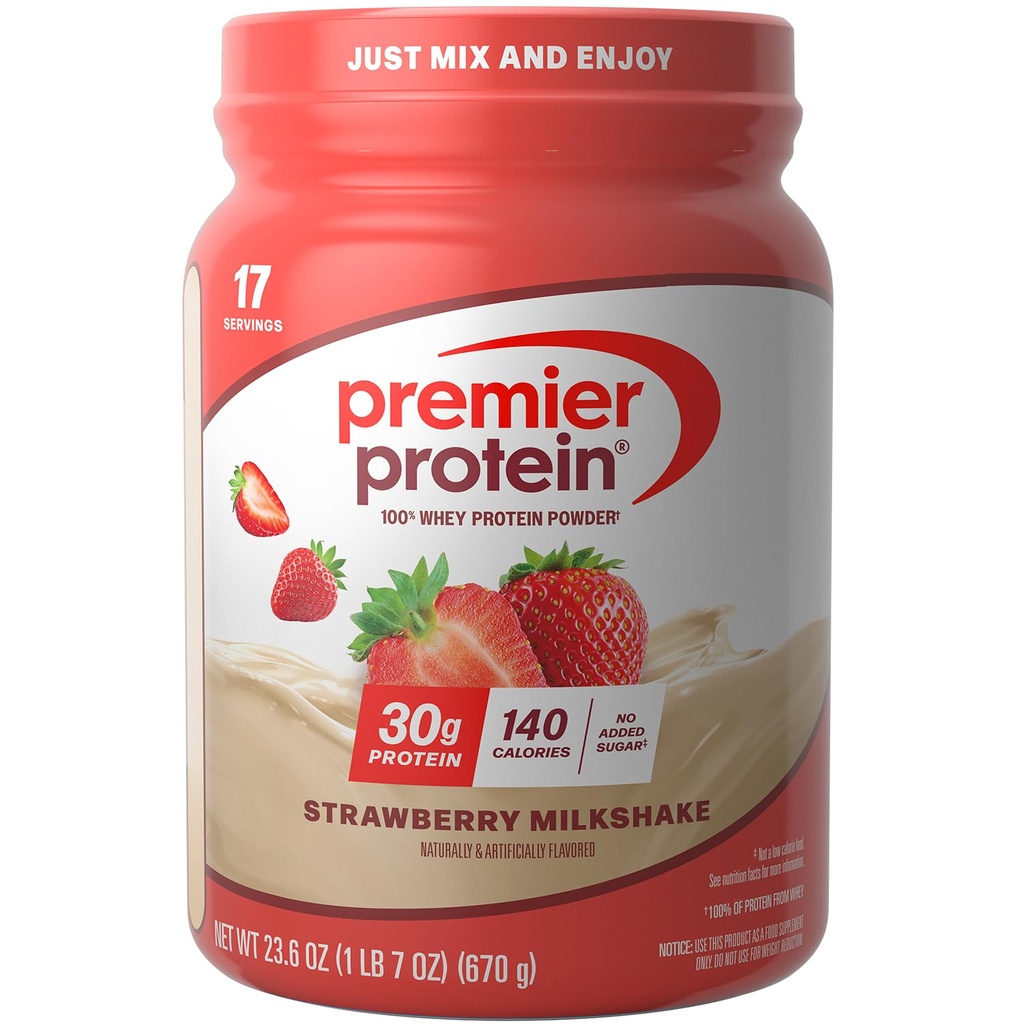 Premier Protein Powder, Strawberry Milkshake, 30g Protein, No Added Sugar, 100% Whey Protein, Keto Friendly, Soy & Gluten Free, 24.5 oz (17 Servings)
