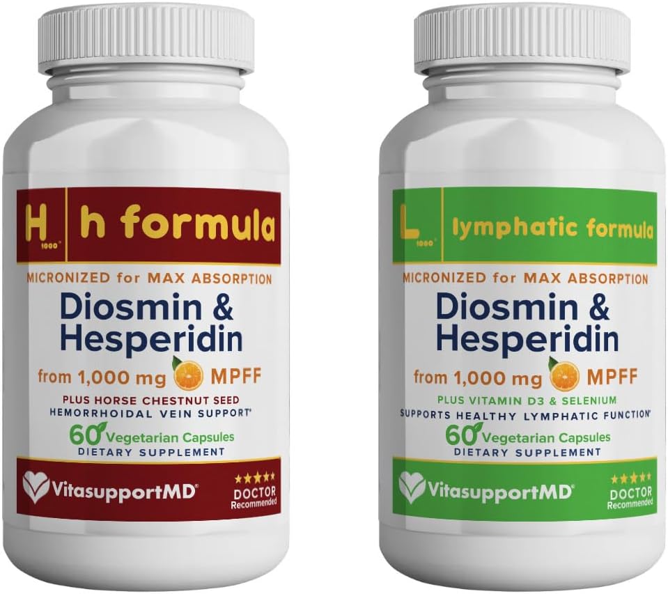 VITASUPPORTMD - Lymfatische & H Formula Bundle - Lymfatische Drainage & Hemorroidale Veins - 2x60 Capsules - Diosmin & Hesperidin 1000 mg, Vitamine D3, Selenium, Horse Chestnut Seed Extract, MPFF Complex