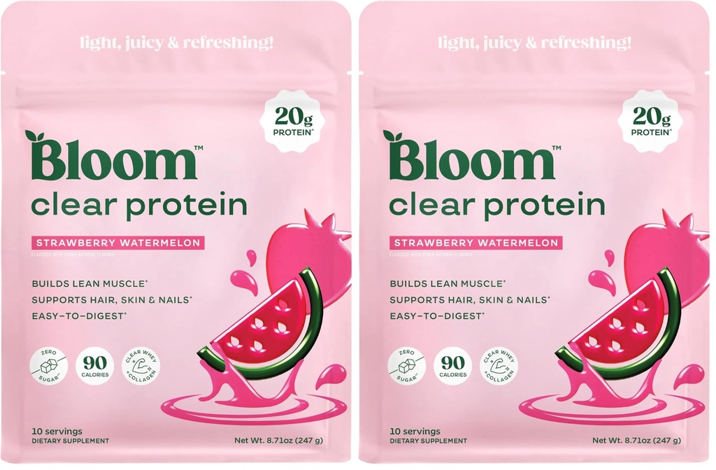Bloom Clear Protein, Whey Protein Isolate with Collagen Peptides and Digestive Enzymes, 20g Protein, Sugar Free Post Workout Drink Mix, 90 Calories, Strawberry Watermelon, 10 Servings (Pack of 2)