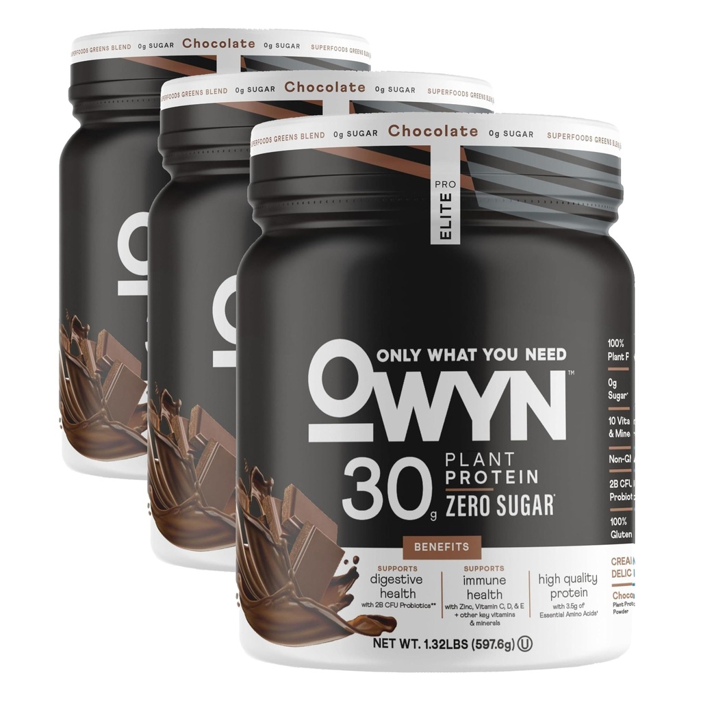 OWYN Only What You Need Pro Elite High Protein Powder, 30g Vegan Protein for Workout Recovery, Delicious Smooth Taste, Zero Sugar, Low Net Carbs, Chocolate, 12 Servings (1.32 LB) (Pack of 3)