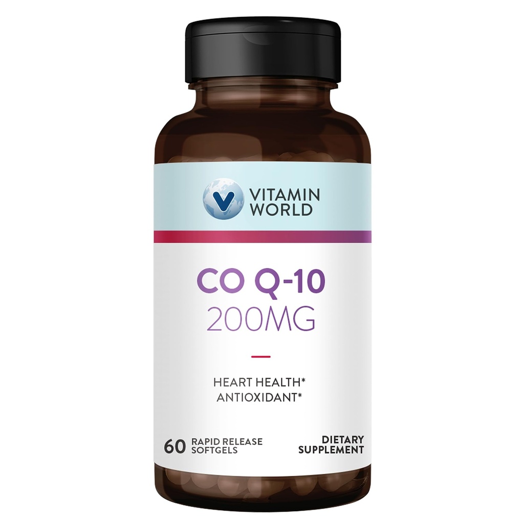 Vitamine World CoQ10 200 mg Softgels, Co-enzym Q10-supplementen voor antioxidantondersteuning, hartgezondheid en energieproductie, glutenvrij, 60 Rapid Release Softgels