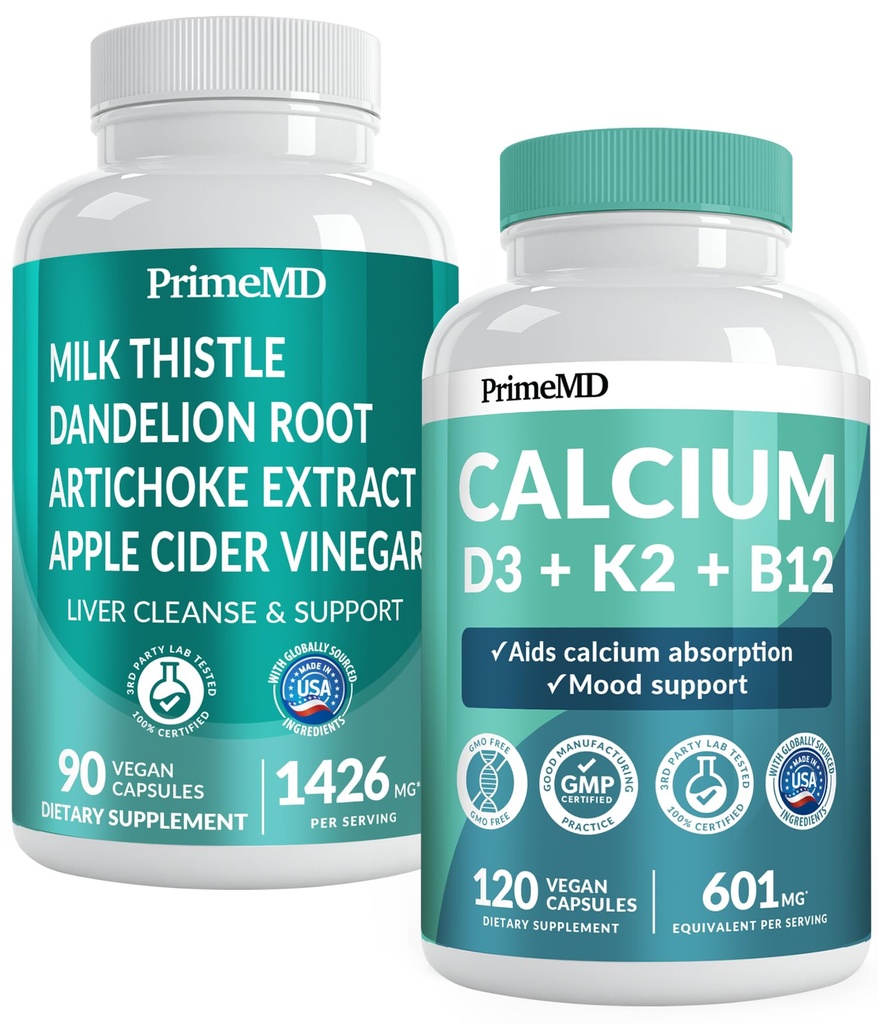 Calcium D3 K2 B12 (1pk) en leverondersteuning (1pk) Supplement Bundel - Krachtige vitamines voor bot, hart, leverfunctie, & Immuunondersteuning - niet-GMO, veganistisch, glutenvrij