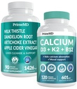 Calcium D3 K2 B12 (1pk) en leverondersteuning (1pk) Supplement Bundel - Krachtige vitamines voor bot, hart, leverfunctie, & Immuunondersteuning - niet-GMO, veganistisch, glutenvrij