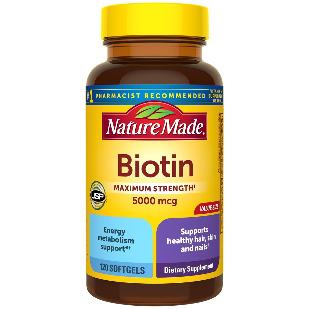 Nature Made Maximum Strength Biotin 5000 mcg Softgels, Biotin Hair Skin and Nails Vitamins Dietary Supplement, 120 Count