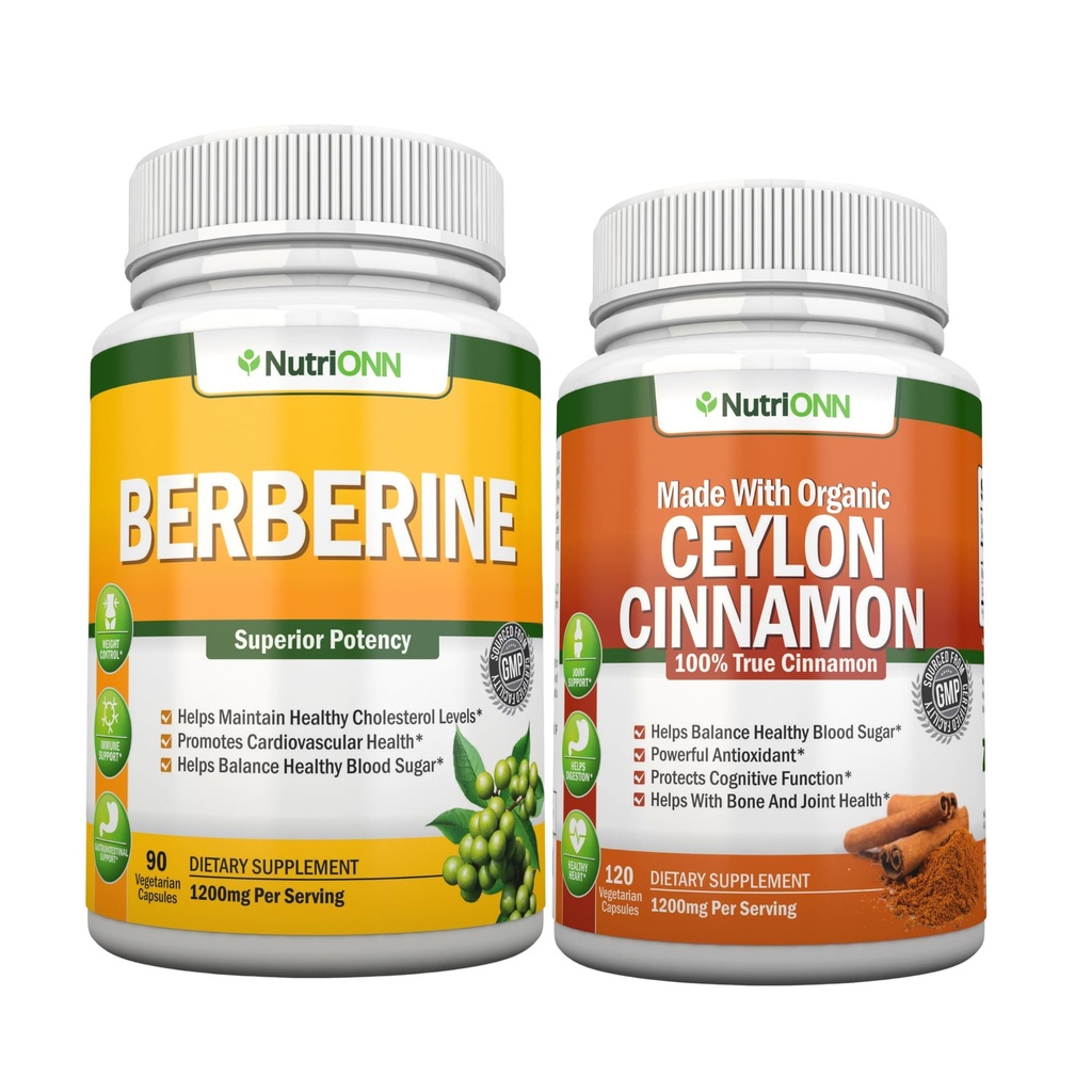 NutriONN Berberine Capsules & Organic Ceylon Cinnamon Combo - Targeted Heart Health Support