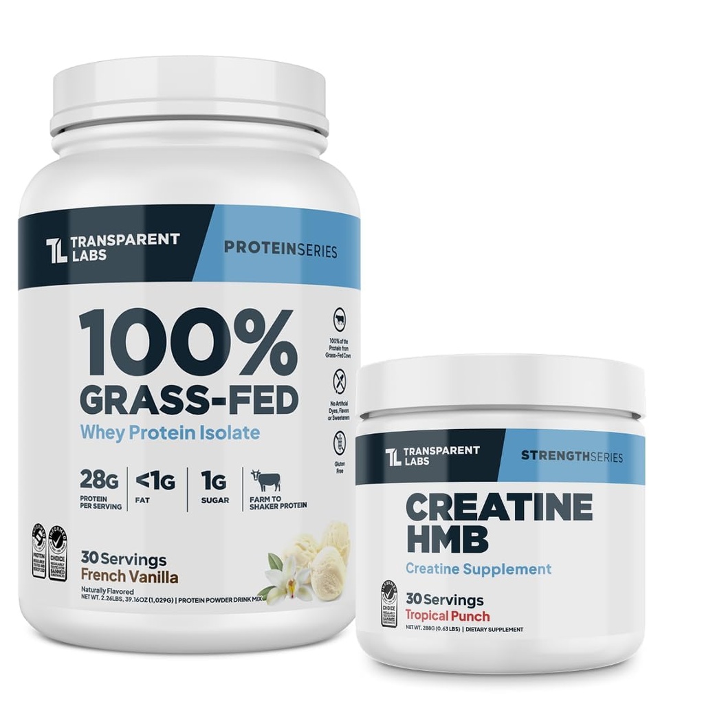 Transparent Labs Grass-Fed Whey Protein Isolate (30 Servings, French Vanilla) & Creatine HMB (30 Servings, Tropical Punch)