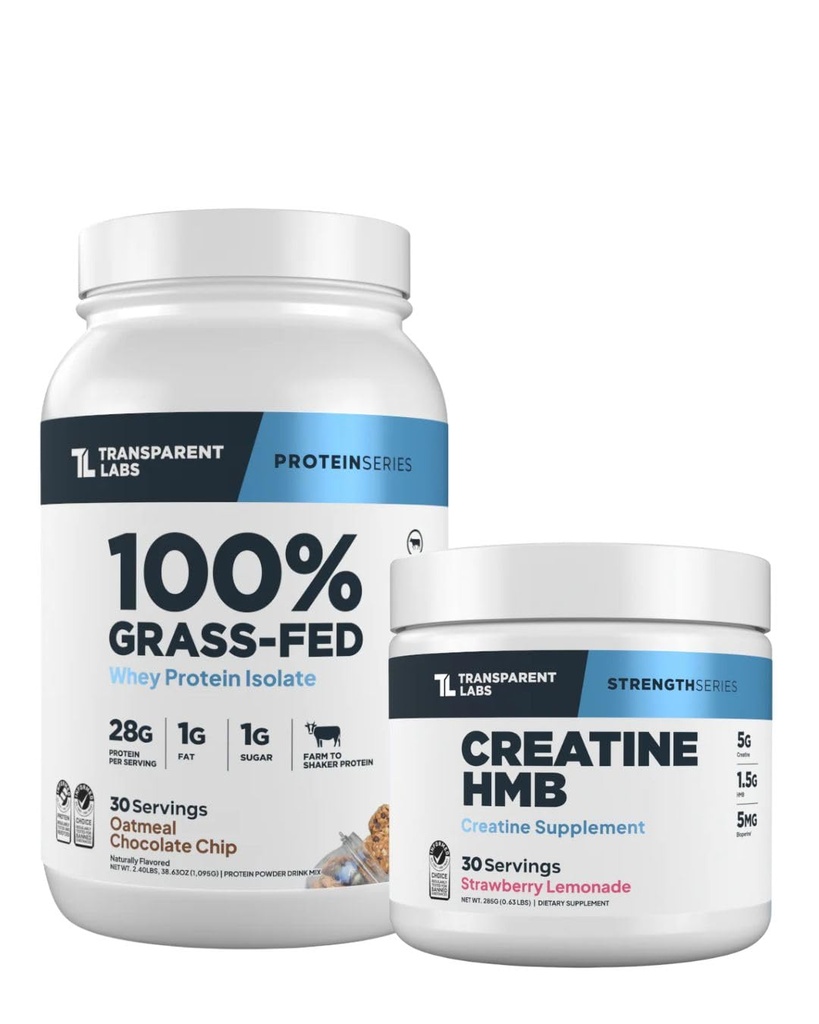 Transparent Labs Grass-Fed Whey Protein Isolate (30 Servings, Oatmeal Chocolate Chip Cookie) & Creatine HMB (30 Servings, Strawberry Lemonade)