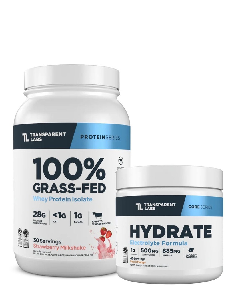 Transparent Labs Grass-Fed Whey Protein Isolate (30 Servings, Strawberry Milkshake) & Hydrate Electrolytes Powder (40 Servings, Peach Mango)