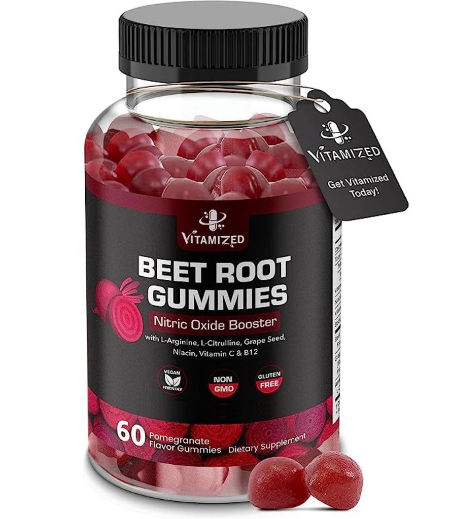 Beetwortel Gummy's - Super Nitric Oxide Beet - Red Beetwortel Hart Kauwt met druivenzaad Power & B12- Granaatappelsmaak, 60 Kauwbieten