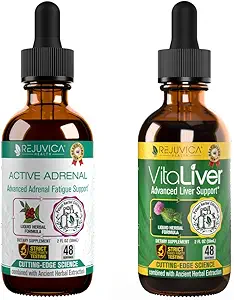 Rejuvica Health Active Adrenal + VitaLiver - Ondersteuning Stress + Lever - Vloeibare levering voor betere absorptie - Rhodiola, Melkdistel, Heilige Basil, Artichoke,