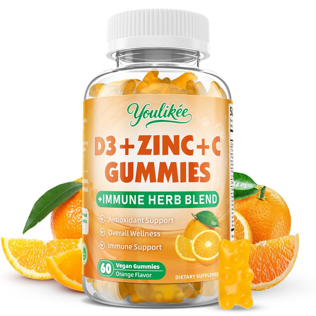 Vitamin C + D3 + Zinc Gummies for Adults, Immune Support Supplement with Elderberry, Echinacea & Mullein Leaf - Antioxidant Support, Sugar Free, Orange Flavor, 60 Count