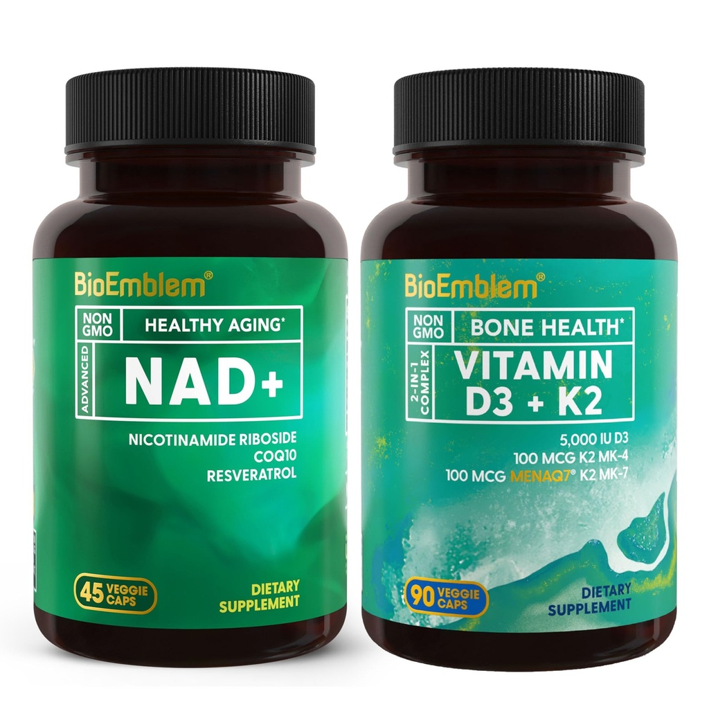 BioEmblem Vitamin D3 K2 Capsules (5000IU and 200mcg) and NAD+ Supplement