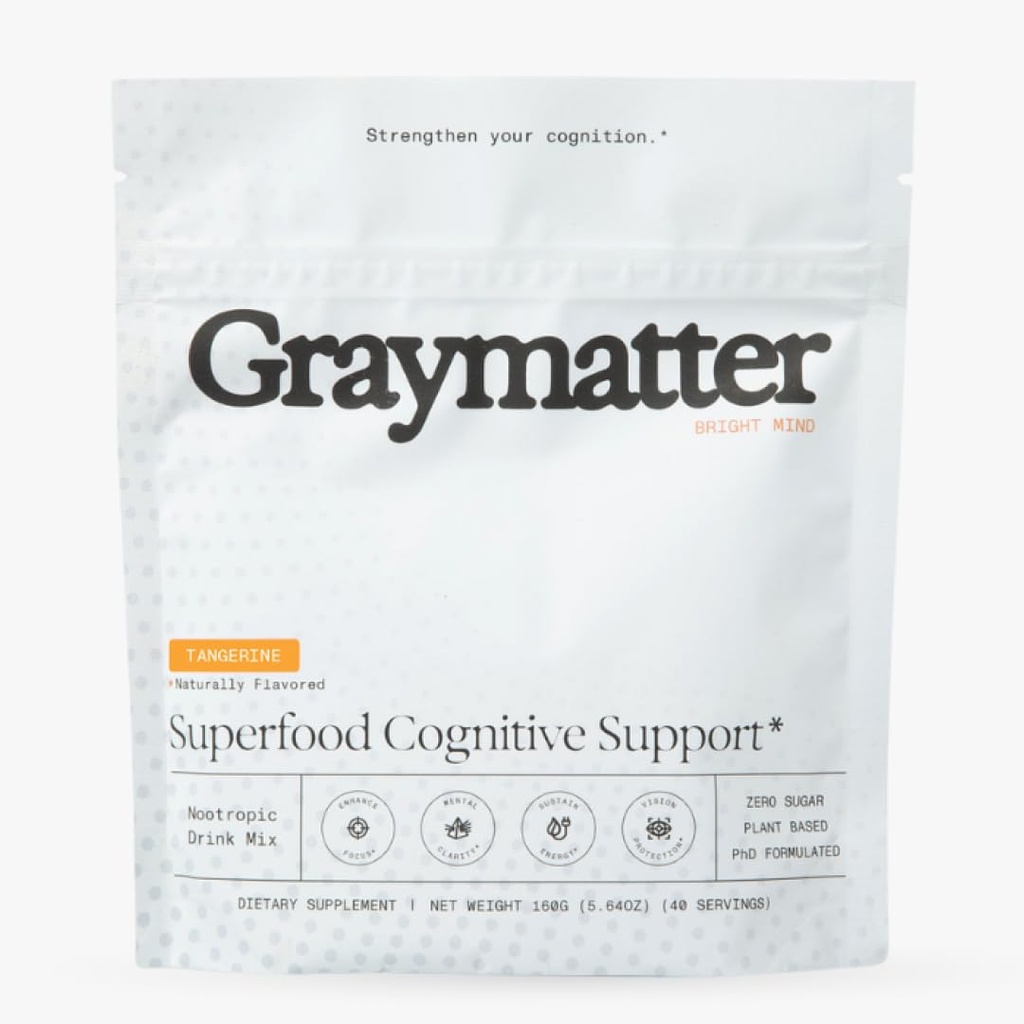 Graymatter Bright Mind Nootropic Powder (40 Servings: Tangerine) – Plant-Based Energy & Focus Drink Mix, Adaptogens & Vitamins, Sugar-Free Daily Supplement
