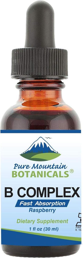 Pure Mountain Botanicals Liquid Vitamin B Complex - Raspberry Flavor Kosher B Complex Vitamine met B12, B6, Thiamine, Biotine, Niacin - 1oz Fles