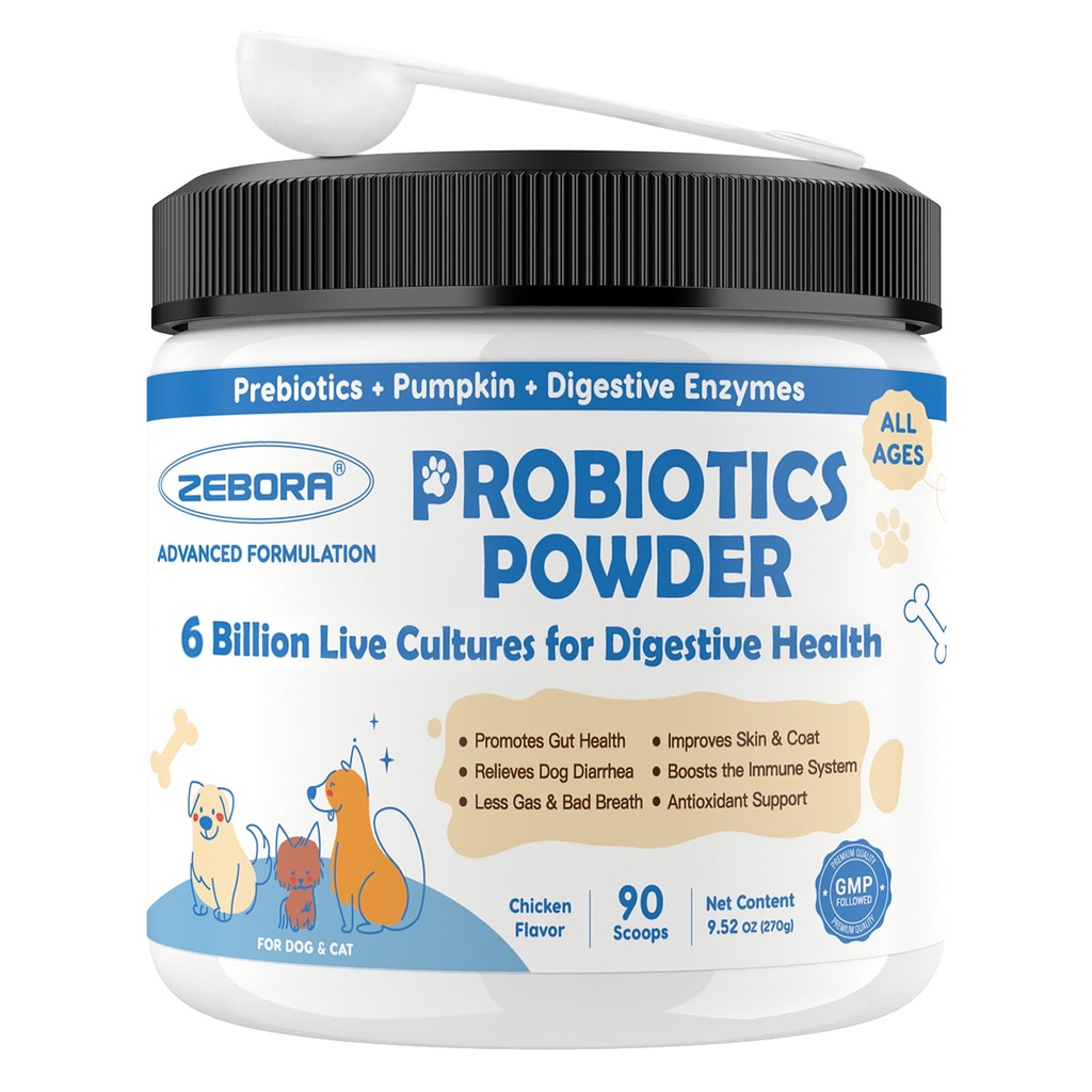 ZEBORA Probiotics for Dogs, Probiotic Powder with Pumpkin, Prebiotics & Digestive Enzymes, 6 Billion CFUs Dog Probiotics for Digestive Health, Gut & Immune Health, Chicken Flavor, 90 Scoops