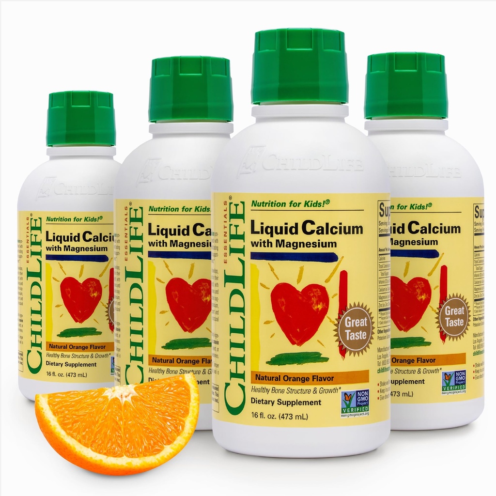 ChildLife Essentials Liquid Calcium Supplement for Kids - Baby & Toddler Calcium with Magnesium, Zinc, and Vitamin D 3 - Orange Flavor, 16 fl oz (4 Pack)