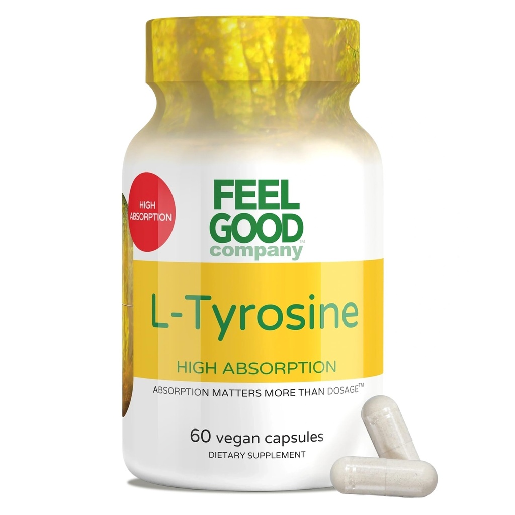 Feelgood Company L-Tyrosine with Vitamin B6 (P-5-P), 1000 mg, Mental Alertness and Cognitive Function Support, 60 Capsules, 2 Month Supply