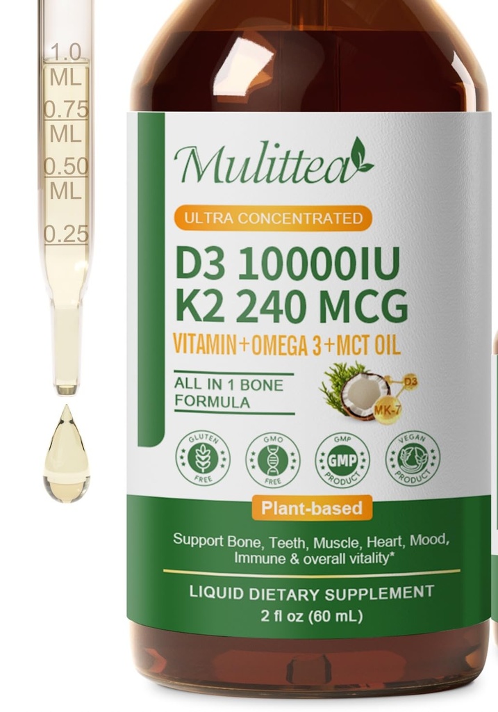 Mulittea Vitamin D3 K2 Liquid 10000 IU w/Vegan Omega-3 & Coconut MCT Oil - Maximum Strength Vitamin D Supplement, No Fillers, Non-GMO K2 as MK7 for Bones, Muscles & High Absorption-2 Fl Oz 1pack
