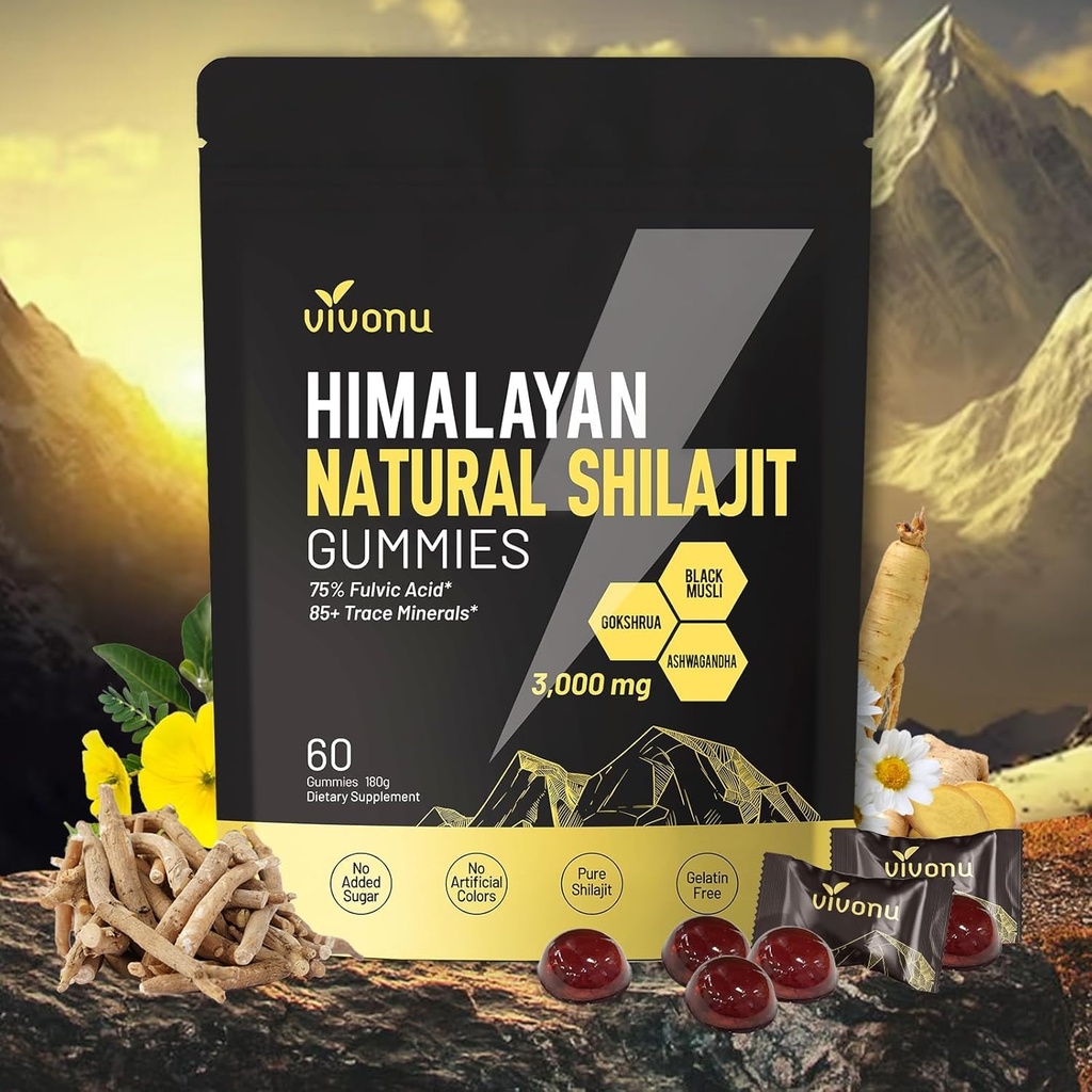 Himalayan* Shilajit Gummies with Ashwagandha & Gokshura | 85+ & Fulvic Acid | Organic, Non-GMO for Men & Women | 100% Pure & Natural