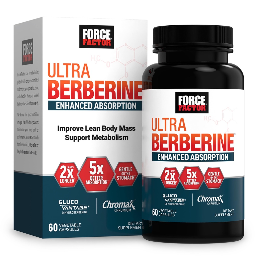 FORCE FACTOR Ultra Berberine Enhanced Absorptie, met Ceylon Cinnamon, Dihydroberine & Chromium, 5X Absorptie, 2X Langere houdbaarheid, bevorderen Lean Body Mass, 60 plantaardige capsules