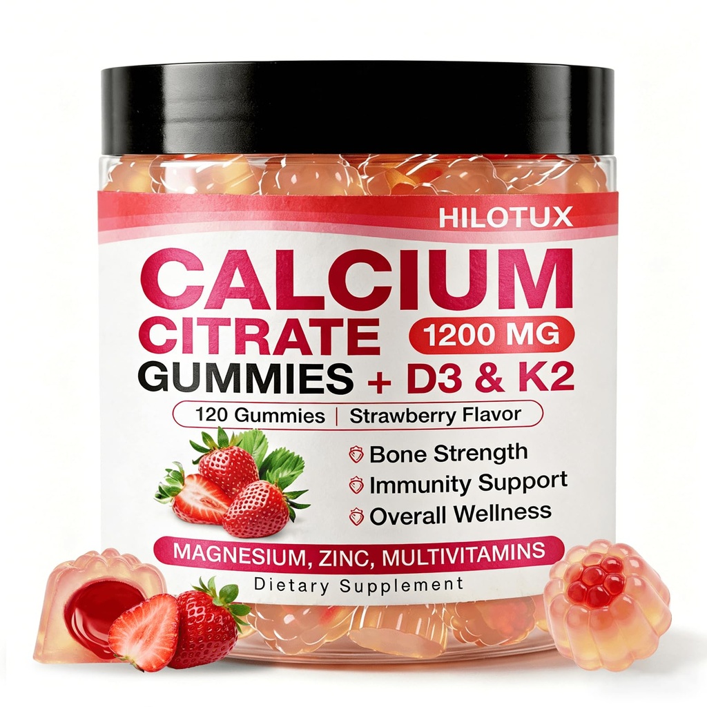 Calcium 1200 mg with Vitamin D3, K2, Calcium Supplements for Women & Men, Plus Magnesium Zinc for Bones, Muscle & Immune Support, High Absorption StrawberryFlavor 120 Calcium Gummies
