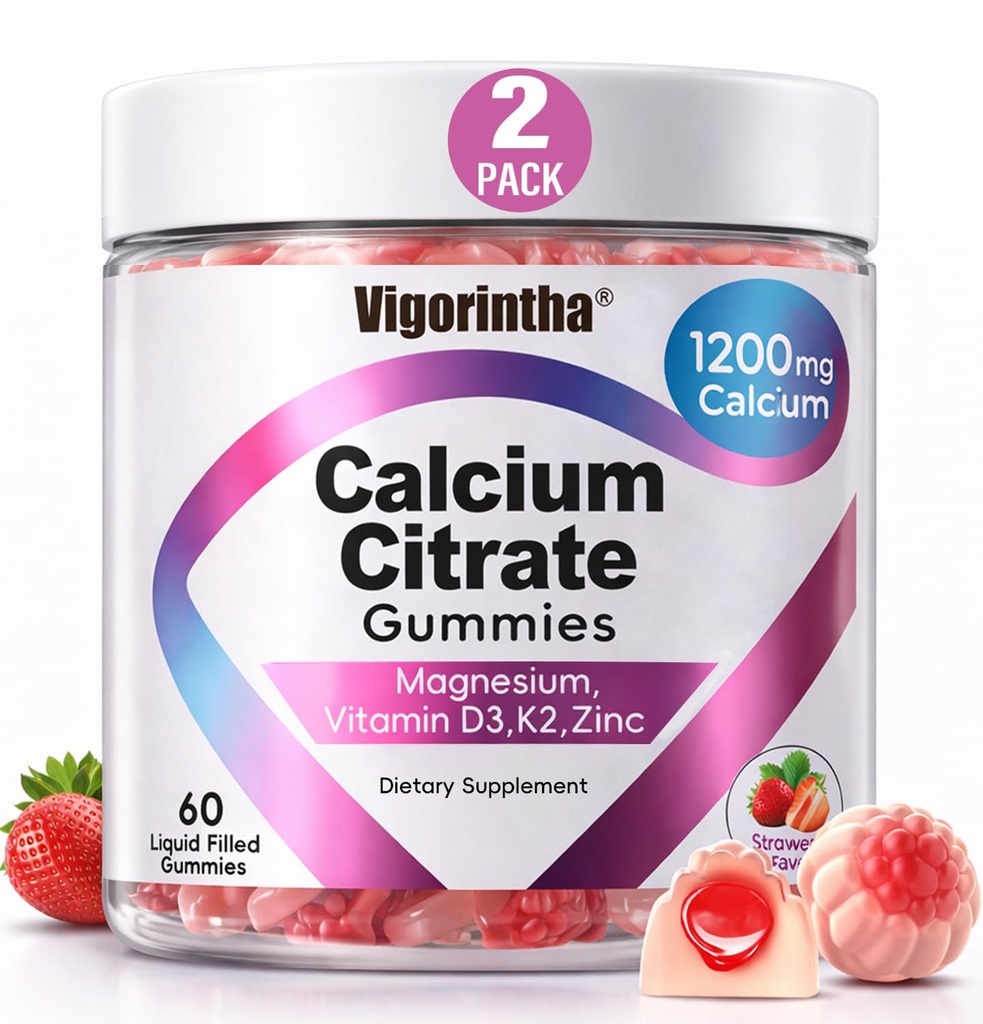 Calcium Citrate Gummies 1200mg with Magnesium,Vitamin D3, K2, Calcium Supplements for Women & Men- Easy to Digest, Vegan, Gluten Free,Sugar Free- Strawberry Flavor, 120 Calcium Gummies