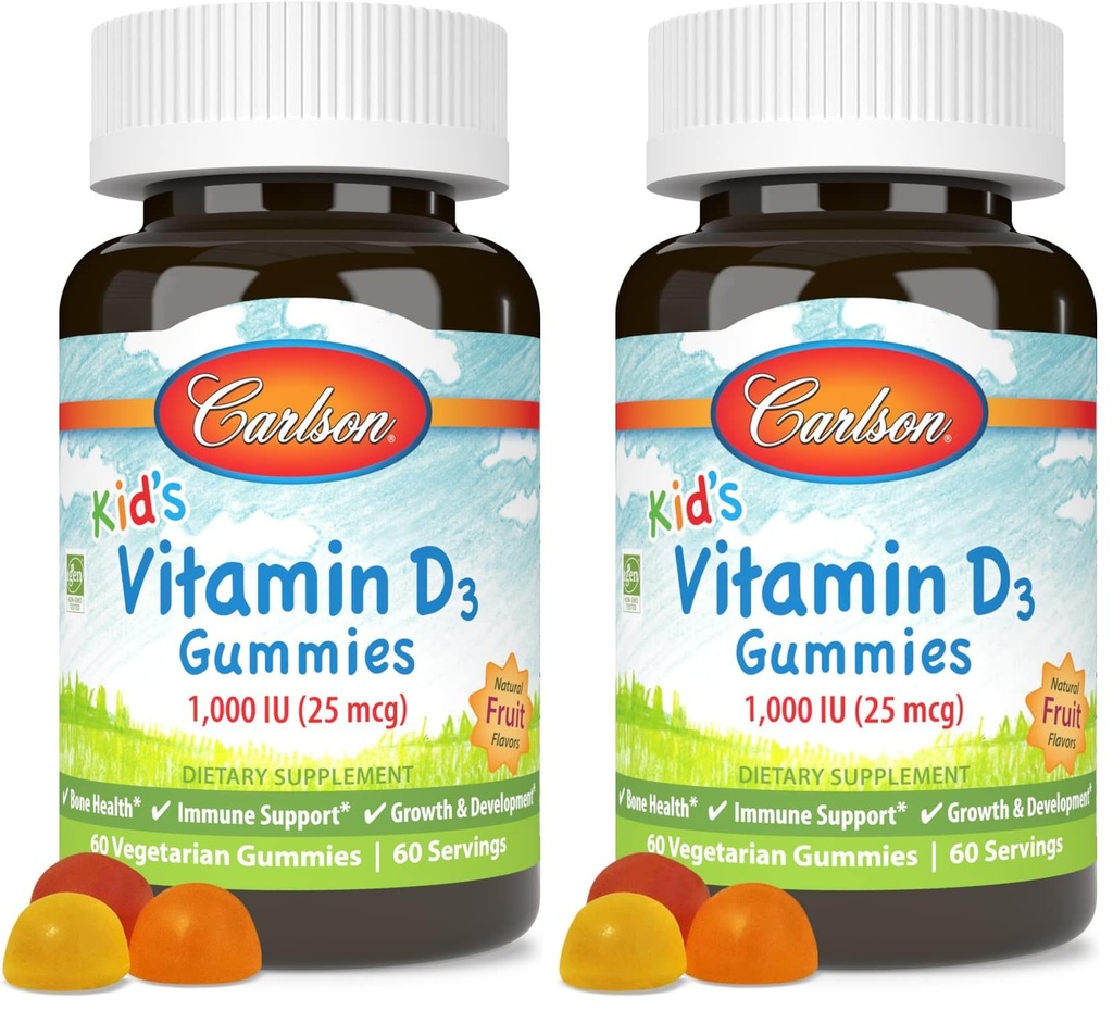 Carlson - Kid's Vitamin D3 Gummies, 1000 IU (25 mcg), Bone Health & Immune Support, Growth & Development, Vitamin D Gummies, D3 Gummy Vitamins, Natural Fruit Flavors, 60 Vegetarian Gummies (Pack of 2)