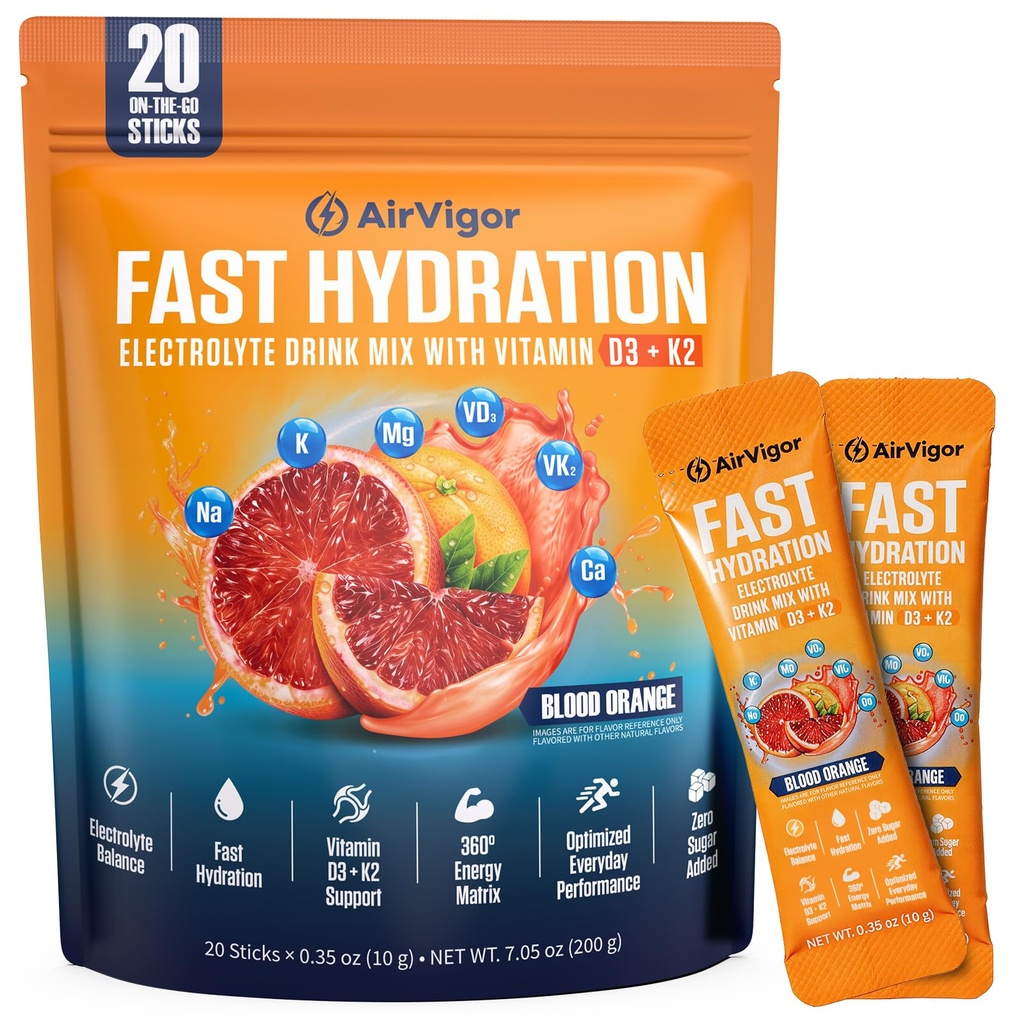 Electrolyte Powder Packets with Vitamin D3 & K2, Zero Sugar Added Hydration Drink Mix for Muscle Recovery & Bone Health, Keto & Vegan, Blood Orange, 20 Sticks