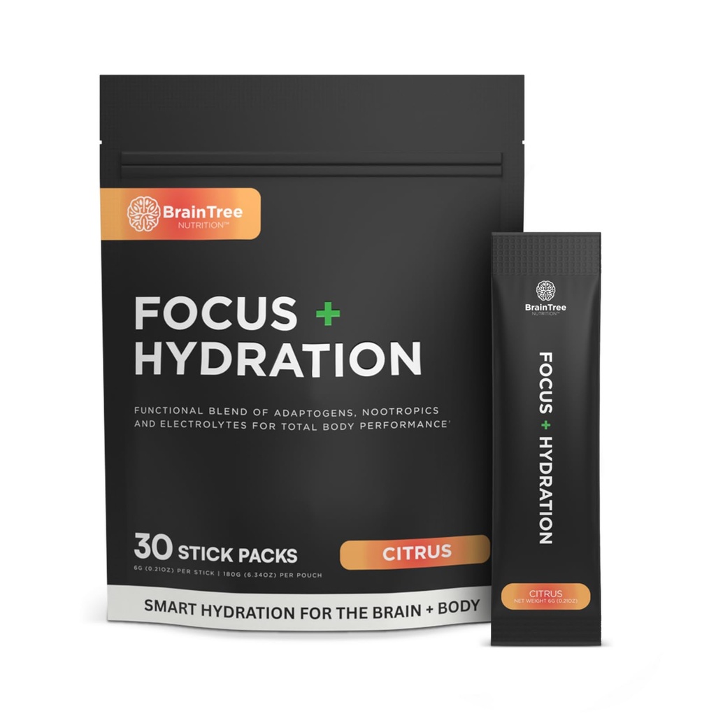 BrainTree Nutrition - Focus + Hydration - Electrolyte Drink Mix - Total Body Hydration - Supports Cognitive Function, Energy & Muscle Recovery - Sugar Free - Citrus - 30 Stick Packs