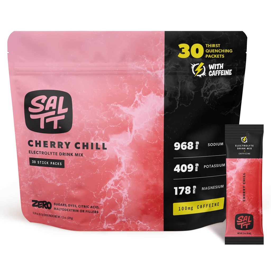 SALTT Electrolytes Powder Flavored Drink Mix - Cherry Chill - 30 Hydration Packets - Magnesium, Potassium, Sodium, Trace Minerals - Zero Sugar & Gluten Free - Travel Essentials - 100mg Caffeine