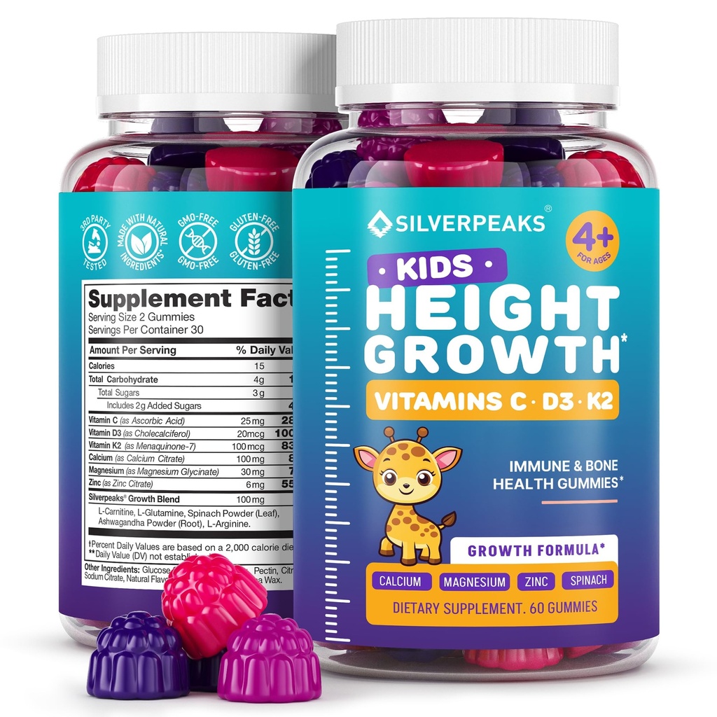 Hoogte groei Gummies voor kinderen - Groei Vitaminen voor tieners, Hoogte verhoging Multivitamine voor jongens & meisjes met Calcium Vitamine D C K2 Magnesium Zink, Natuurlijke Hoogte Groei Maximizer Supplement, 60 PCS