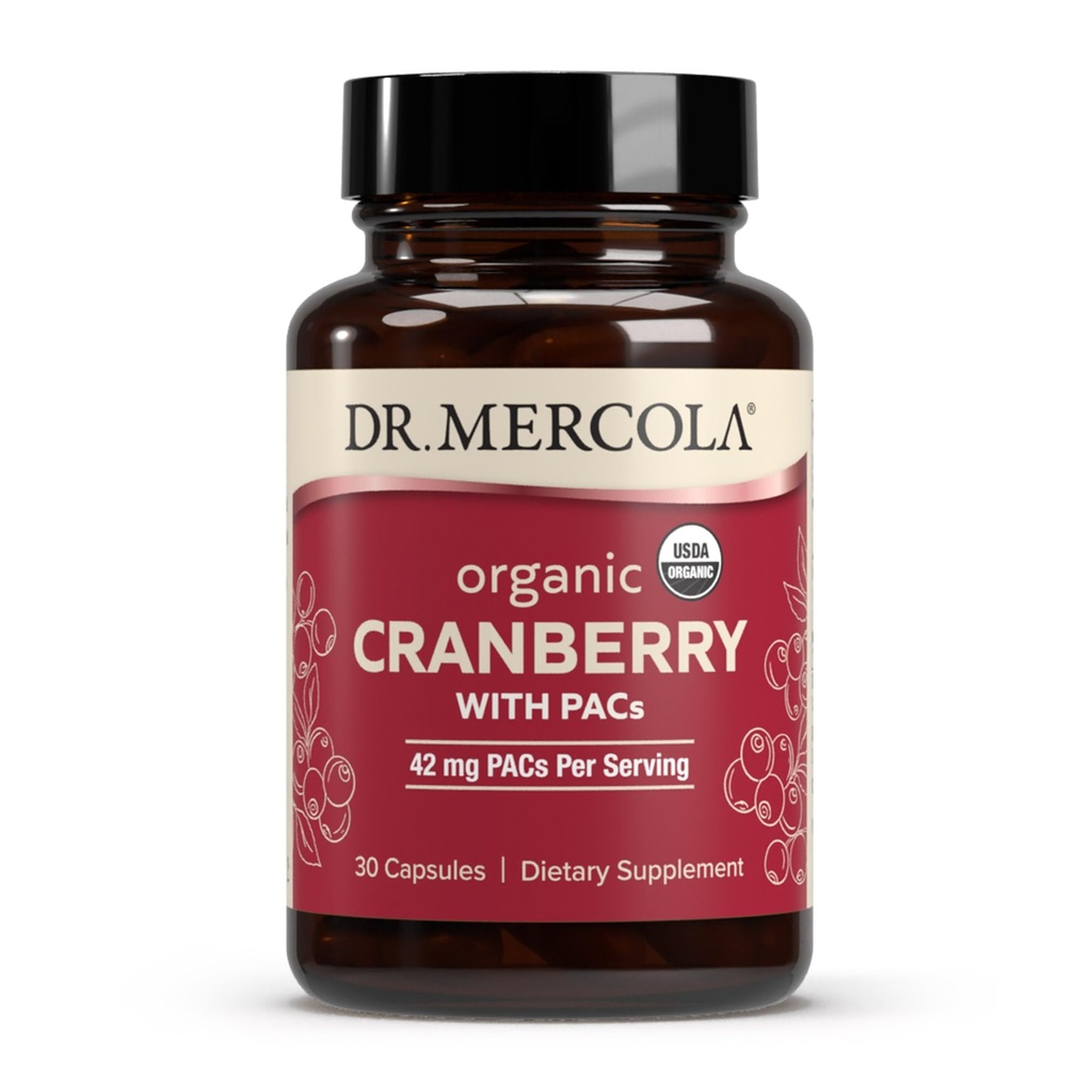 Dr. Mercola Organic Cranberry with PACs - Organic Cranberry Supplement for Urinary Tract Wellness* - Potent Antioxidants for Oxidative Stress Support* - Non-GMO, Gluten-Free, Soy-Free - 30 Capsules