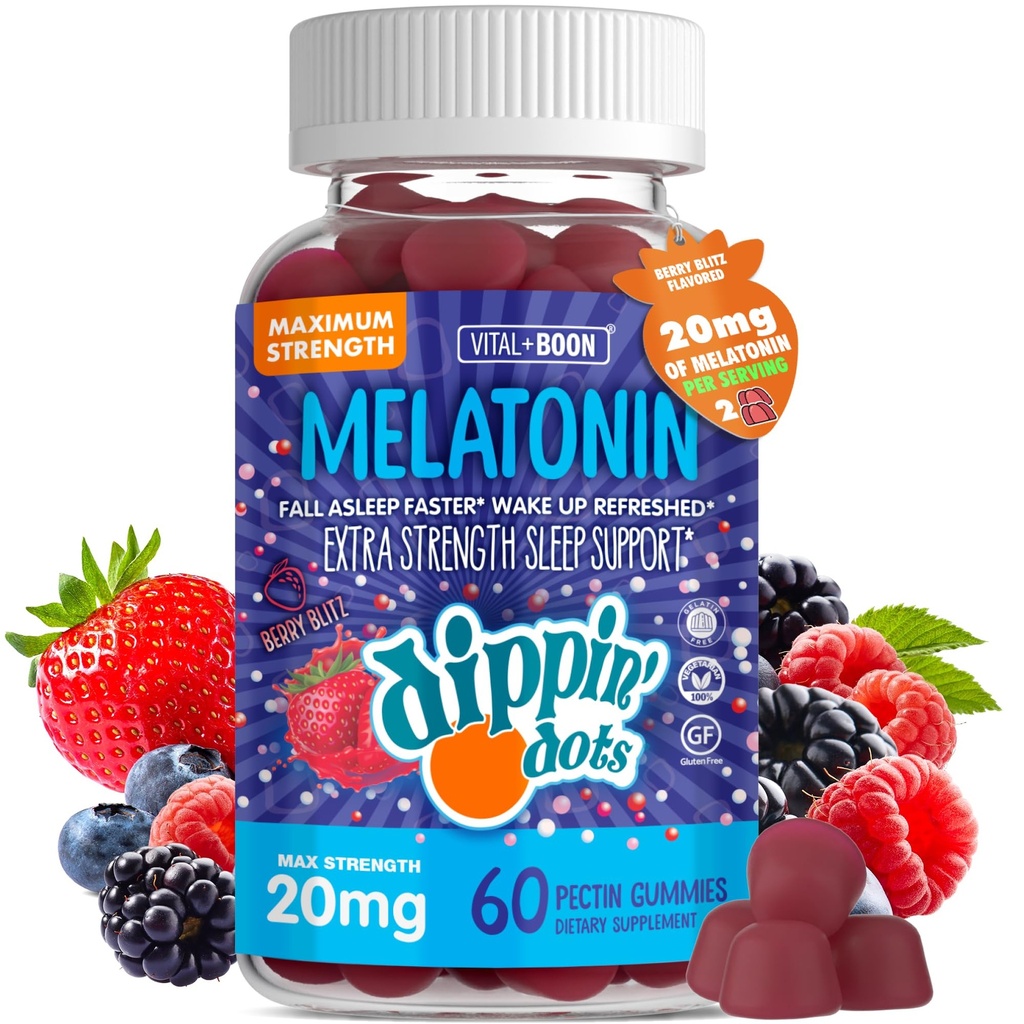 Dippin' Dots Extra Strength Melatonin 20mg Gummies for Adults - Melatonin Gummies with 20mg per Serving - Vegan Friendly Nighttime Sleep Supplement - Made with Natural Colors & Flavors (60 Count)