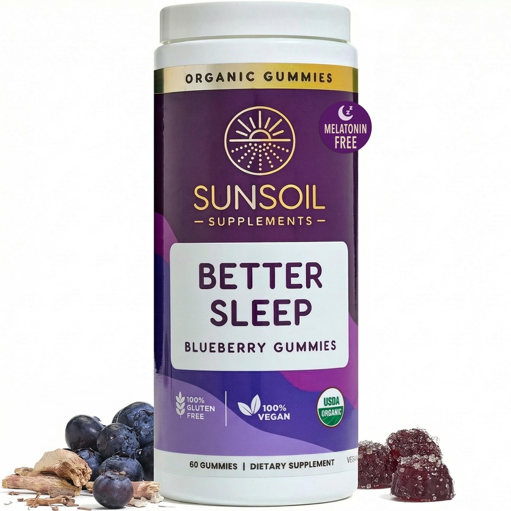 Sunsoil Better Sleep Organic Gummies, No Melatonin, Ashwagandha, USDA Certified Organic, Vegan, Gluten-Free, Sleep Support
