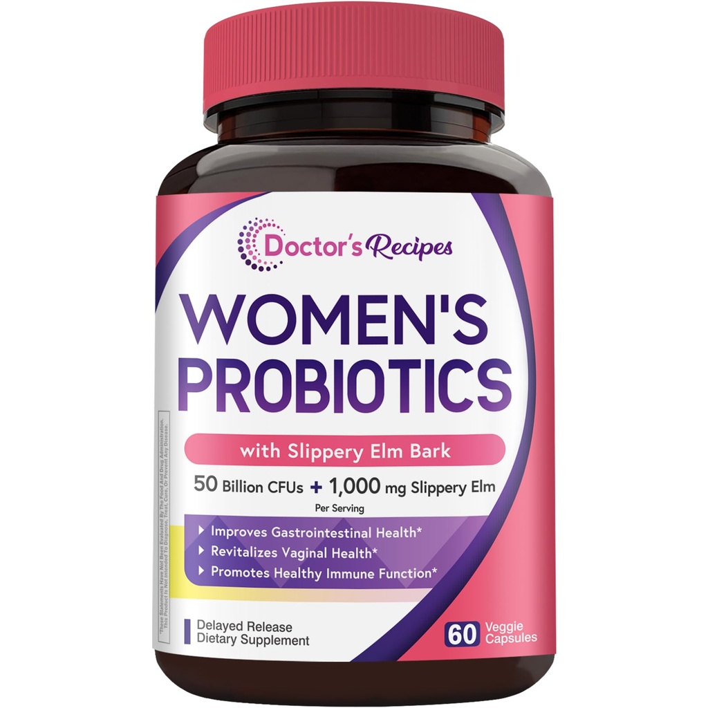 Doctor's Recipes Probiotics for Women, with Slippery Elm 1000mg, Vaginal Probiotics 50 Billion CFUs, for pH Balance, Digestive & Immune Health, Vegan, All-Natural, Non-GMO, 60 Capsules