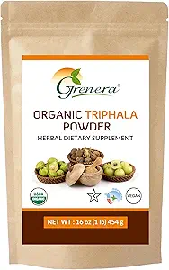 Grenera Organic Triphala Powder 1 lb (16 Ounce) 454 Gram - Made with Organic Amalaki, Organic Bibhitaki, Organic Haritaki Fruit - USDA Organic, Vegan, Kosher Certified