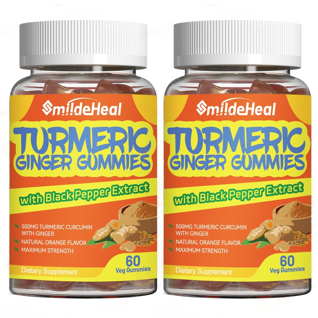 Kurkuma Curcumin Gummies 500mg, met Kurkuma Root Extract, Gemberwortel, Black Pepper Extract, Antioxidant Ondersteuning, Orange Flavor Gummies, 60 Tellen (pakket van 2)