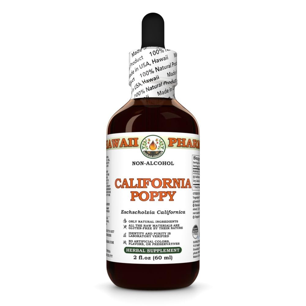 HawaiiPharm California Poppy Alcohol-Free Liquid Extract, Nervous System Calming and Support. Glycerite 2 fl.oz