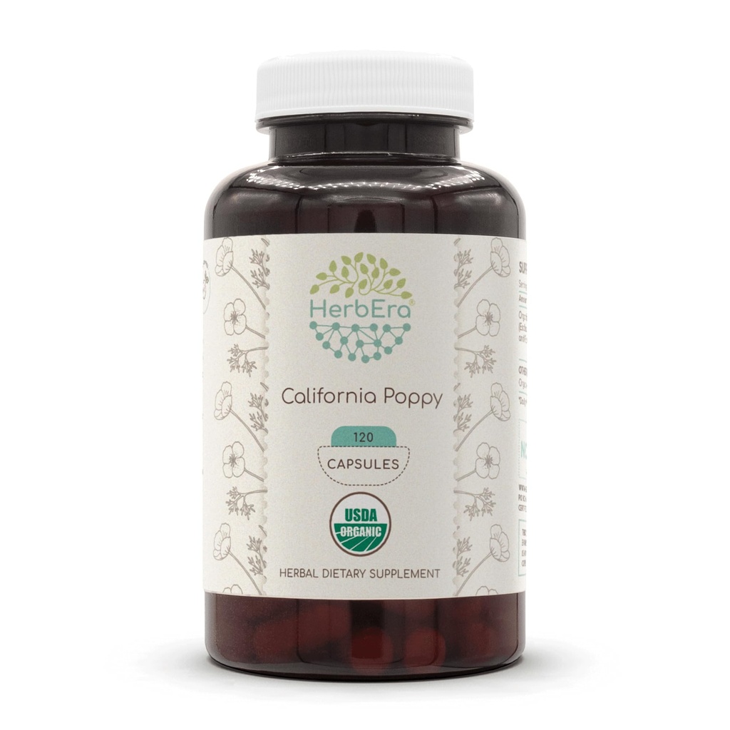 HerbEra California Poppy 120 Capsules, 800 mg, USDA Organic California Poppy (Eschscholzia Californica) Dried Herb and Flower (120 Capsules)