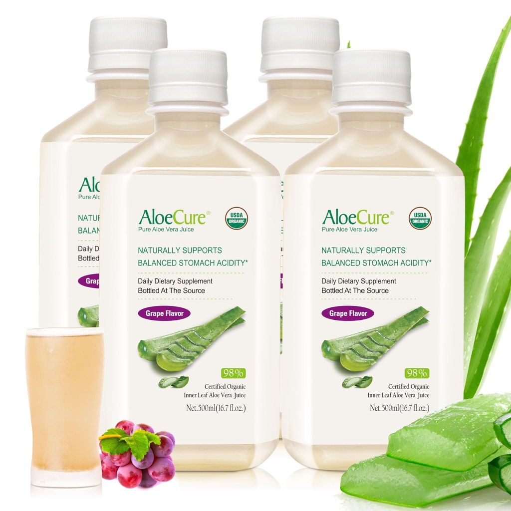 AloëCure USDA Biologische Aloë Vera Sap Grape Flavor, Made within 12 Hours of Harvest - Pure Aloë Vera Digestief & Immune Health Supplement, helpt bij het handhaven van evenwichtige maagzuur, 16.7oz x 4 Btls