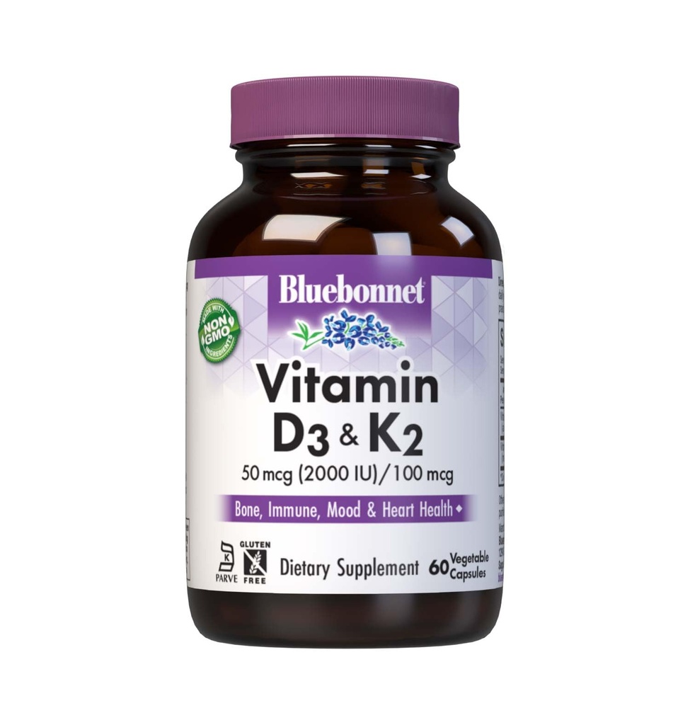 BlueBonnet Nutrition Vitamin D3 50 mcg (2000 IU) & K2 100 mcg, Soy-Free, for Strong-Healthy Bones*, Gluten-Free, Non-GMO, Dairy-Free, Kosher Certified, Vegetarian, 60 Vegetable Capsules, 60 Servings